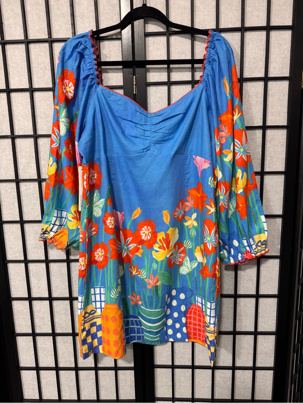 FARM Rio Blue Floral Puff Sleeve Mini Dress Size L Colorful Garden Print - Picture 5 of 15
